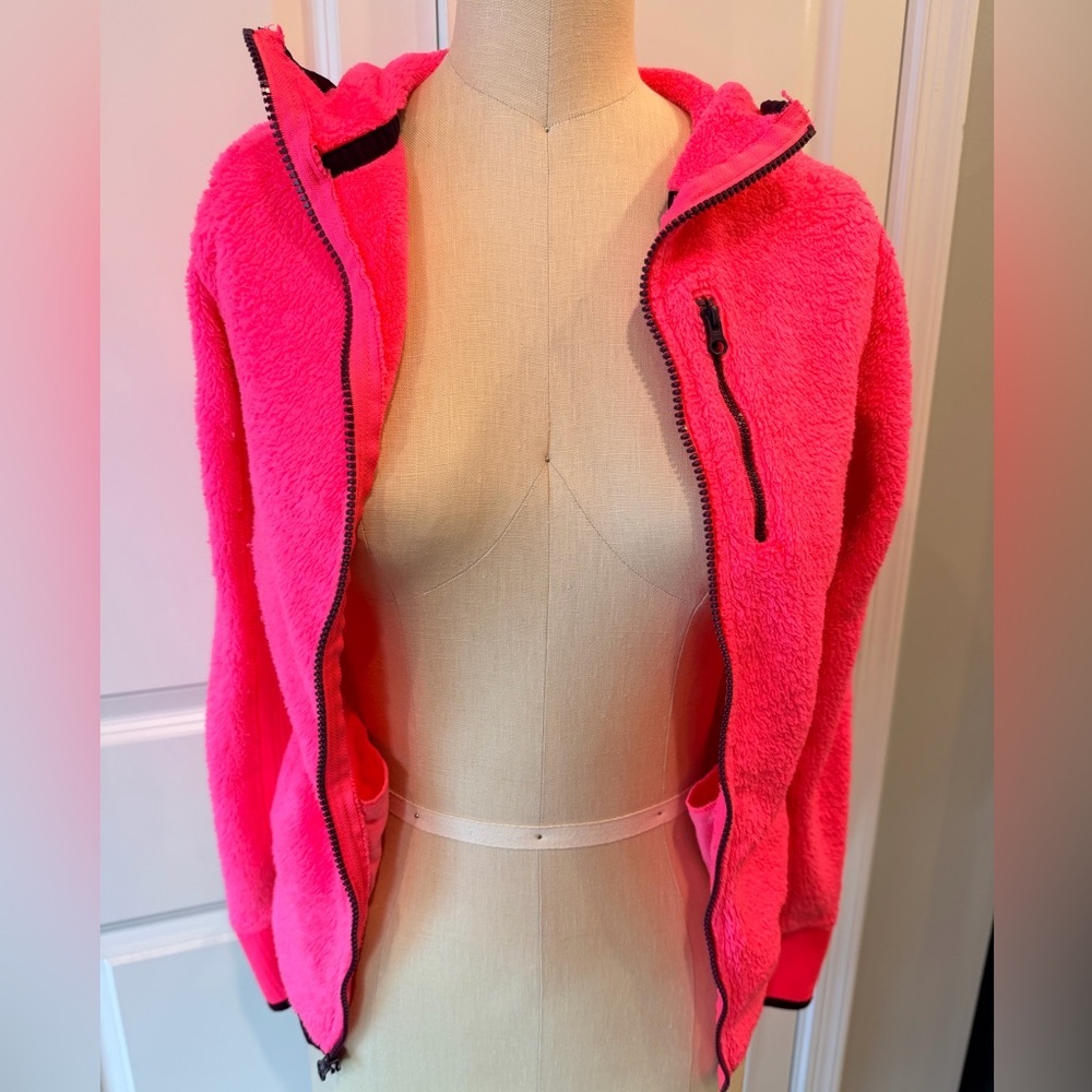 Neon Pink Sherpa Fleece Zip Hoodie Jacket Y2K Athleisure Cozy XS - Picture 4 of 12